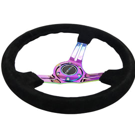 NRG Reinforced Steering Wheel (350mm / 3in. Deep) Blk Suede/Blk Stitch w/Neochrome Slits RST-018S-MCBS