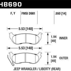 Hawk 04-07 Jeep Liberty KJ / 04-06 Wrangler Unlimited HPS Street Rear Brake Pads HB690F.550