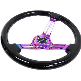 NRG Reinforced Steering Wheel (350mm / 3in. Deep) Blk Wood w/Blk Matte Spoke/Neochrome Center Mark RST-018BK-MC