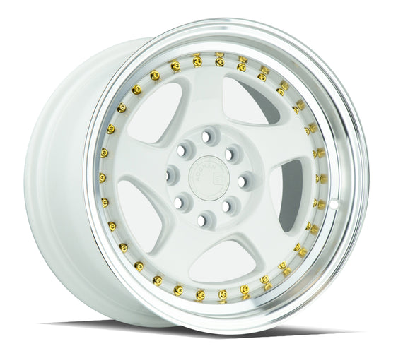 Aodhan AH01 15x8 4x100/114.3 +20 cb73.1 White w/Machined Lip (Gold Rivets) Wheel AH0115804100114320WGR
