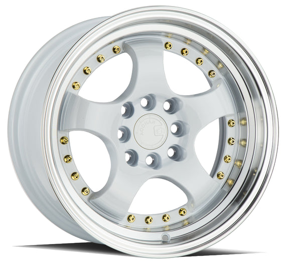 Aodhan AH03 15x8 4x100/114.3 +20 cb73.1 White w/Machined Lip (Gold Rivets) Wheel AH0315804100114320WML