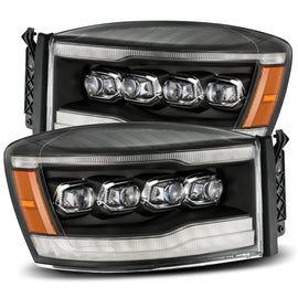 AlphaRex Nova Series LED Projector Headlights Plank Style Design Black w/ Sequential Signal, Top/Bottom DRL/ Amber LED for Dodge Ram 2006-2008 1500HD/2006-2009 2500HD/3500HD 880536