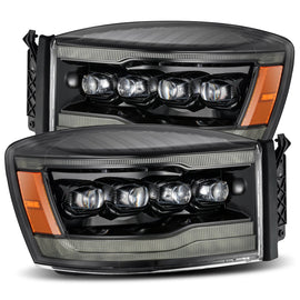 AlphaRex Nova Series LED Projector Headlights Plank Style Design Alpha Black w/ Sequential Signal, Top/Bottom DRL/ Amber LED for Dodge Ram 2006-2008 1500HD/2006-2009 2500HD/3500HD 880538