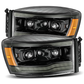 AlphaRex LUXX-Series LED Projector Headlights Plank Style Design Alpha Black w/ Sequential Signal, Top/Bottom DRL for Dodge Ram 2006-2008 1500HD/2006-2009 2500HD/3500HD 880533