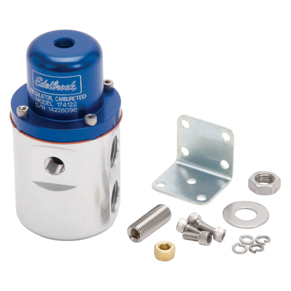 Edelbrock Fuel Pressure Regulator Carbureted 160 GPH 5-10 PSI 3/8In In/Out Returnless Blue/Clear 174122
