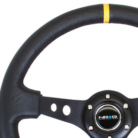 NRG Reinforced Steering Wheel (350mm / 3in. Deep) Blk Leather w/Blk Cutout Spoke/Yellow Center Mark RST-006BK-Y