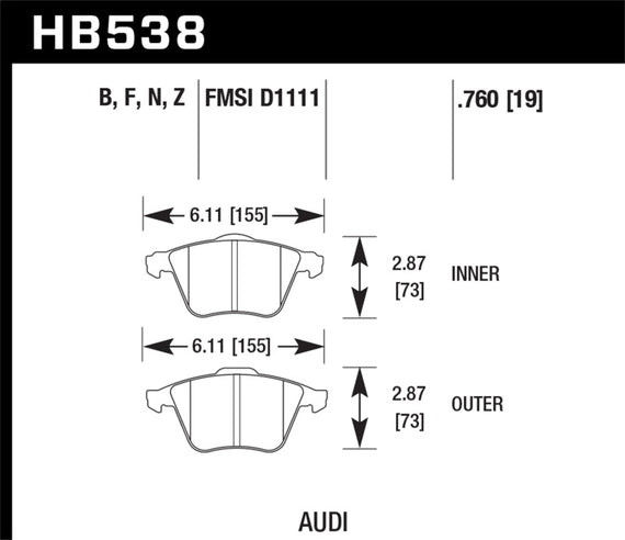 Hawk HPS Front Brake Pads for 05-09 Audi A4 / 06-09 A6 - HB538F.760 HB538F.760