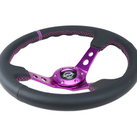 NRG Reinforced Steering Wheel (350mm / 3in. Deep) Black Leather w/Purple Center & Purple Stitching RST-006PP