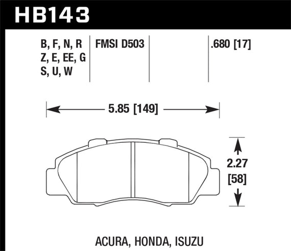 Hawk HP Plus Brake Pads HB143N.680 97-01 Integra Type-R HB143N.680