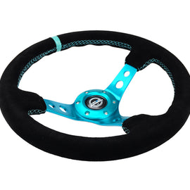 NRG Reinforced Steering Wheel (350mm/ 3in. Deep) Black Suede/ Teal Center Mark/ Teal Stitching RST-006S-TL