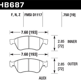 Hawk 04-10 Audi A8 Quattro / 07-11 S6 / 07-10 S8 /  04-06 VW Phaeton HPS Front Street Brake Pads HB687F.750