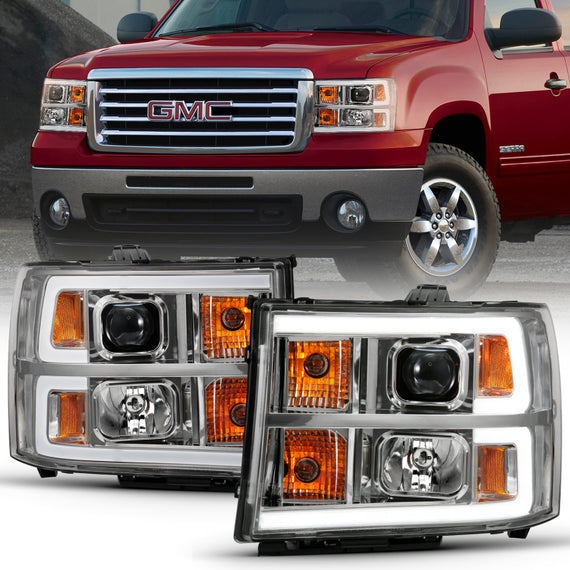 ANZO 2007-2013 GMC Sierra 1500 Projector Headlight Plank Style Chrome w/ Clear Lens Amber 111483