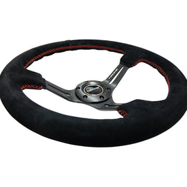 NRG Reinforced Steering Wheel (350mm / 3in. Deep) Blk Suede w/Red Stitching & 5mm Spokes w/Slits RST-018S-RS