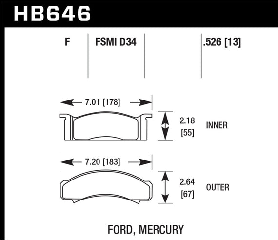Hawk HPS Performance Street Brake Pads Ford,Mercury Fairlane,Falcon,Mustang,Tori HB646F.526