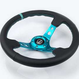 NRG Reinforce Steering Wheel (350mm / 3in. Deep) Blk Leather, Teal Center Mark w/ Teal Stitching RST-006TL