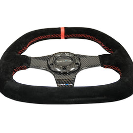 NRG Carbon Fiber Steering Wheel (320mm) Flat Btm. Blk Suede/Red Stitch w/CF Spokes & Red Center Mark ST-019CF