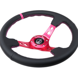 NRG Reinforced Steering Wheel (350mm/3in. Deep) Black Leather/ Fushia Center Mark/ Fushia Stitching RST-006FH