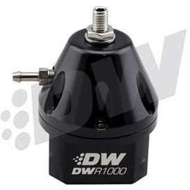 DeatschWerks DWR1000 adjustable fuel pressure regulator, anodized black. Dual -6AN inlet and -6AN outlet. Universal fitment