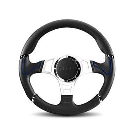 MOMO MILLENIUM SPORT 350MM STEERING WHEEL BLACK LEATHER WITH SILVER SPOKE AND BLUE ACCENT