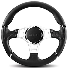 MOMO MILLENIUM SPORT 350MM STEERING WHEEL BLACK LEATHER WITH SILVER SPOKE AND BLACK ACCENT
