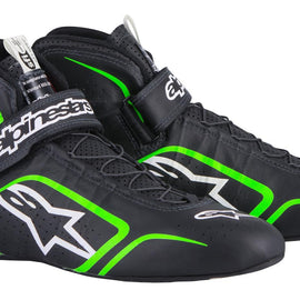 ALPINESTARS TECH 1-Z SHOES BLACK/GREEN SZ 10 SFI 3.3 LVL 5/FIA KANGAROO LEATHER