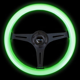 NRG Classic Wood Grain Wheel - 350mm 3 black spokes - Glow-n-the-dark grip ST-015BK-GL