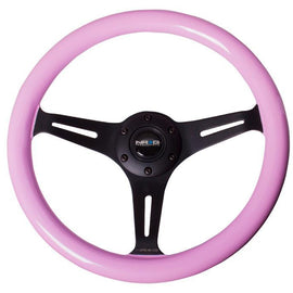 NRG Classic Wood Grain Wheel, 350mm 3 black spokes, solid pink painted grip ST-015BK-PK