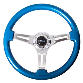 NRG Classic Wood Grain Wheel, 350mm 3 chrome spokes, blue pearl/flake paint