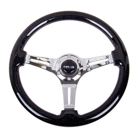 NRG Classic Wood Grain Wheel, 350mm 3 chrome spokes- Black Sparkled Color