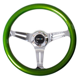 NRG Classic Wood Grain Wheel, 350mm 3 chrome spokes, green pearl/flake paint