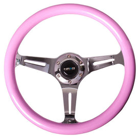 NRG Classic Wood Grain Wheel, 350mm 3 chrome spokes, solid pink painted grip