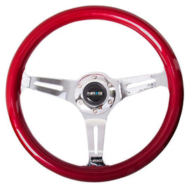 NRG Classic Wood Grain Wheel, 350mm 3 chrome spokes, red pearl/flake paint