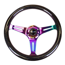 NRG "Galaxy" Classic Wood Grain Wheel - 350mm 3 Neochrome spokes - Black Sparkled Color ST-015MC-BSB