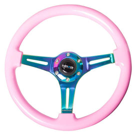 NRG Classic Wood Grain Wheel, 350mm 3 Neochrome spokes, solid pink painted grip ST-015MC-PK