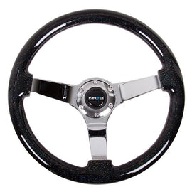 NRG Black Sparkled  Wood Grain Wheel (3" Deep), 350mm, 3 Solid spoke center in Chrome