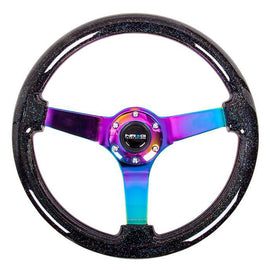 NRG Black Sparkled Wood Grain Wheel (3" Deep), 350mm, 3 Solid spoke center in Neochrome