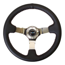 NRG 350mm Sport wheel  - Black Leather, Red Baseball Stitch, Chrome spk - Yellow stripe