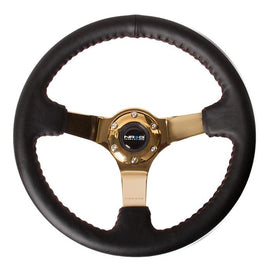 NRG 350mm Sport wheel  - Black Leather, Red Baseball Stitch, Gold spoke