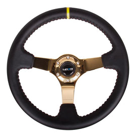 NRG 350mm Sport wheel  - Black Leather, Red Baseball Stitch, Gold spoke - Yellow Stripe