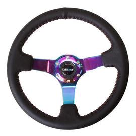 NRG 350mm Sport wheel  - Black Leather, Red Baseball Stitch, Neochrome spokes