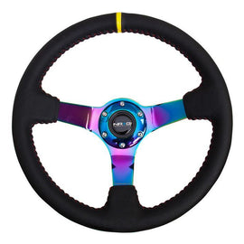 NRG 350mm Sport wheel  - Black Leather, Red Baseball Stitch, Neochrome - Yellow stripe