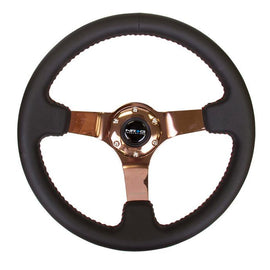 NRG 350mm Sport wheel  - Black Leather, Red Baseball Stitch, Rose Gold spoke