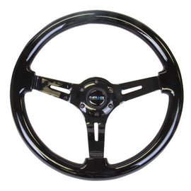 NRG Classic Black Wood Grain Wheel (3" Deep), 350mm, 3 spoke center in Black Chrome