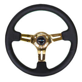 NRG Black Leather Steering Wheel (3" Deep), 350mm, 3 spoke center in Chrome Gold w/ Green Stitch