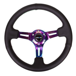 NRG Black Leather Steering Wheel (3" Deep), 350mm, 3 spoke center in Neochrome w/ Green Stitch