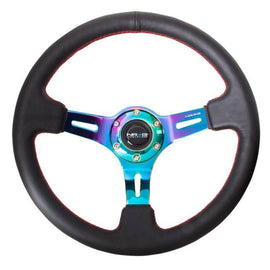 NRG Black Leather Steering Wheel (3" Deep), 350mm, 3 spoke center in Neochrome w/ Red Stitch