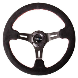 NRG Black Leather Steering Wheel (3" Deep), 350mm, 3 spoke center in Black w/ Red Stitch